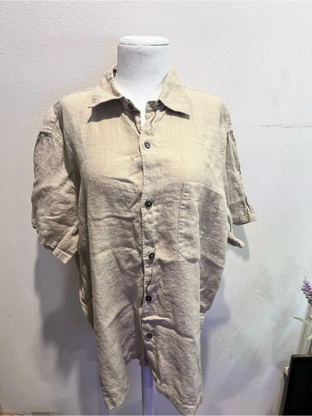 Beige 100% Linen Button Down Short Sleeve Shirt Sz Large